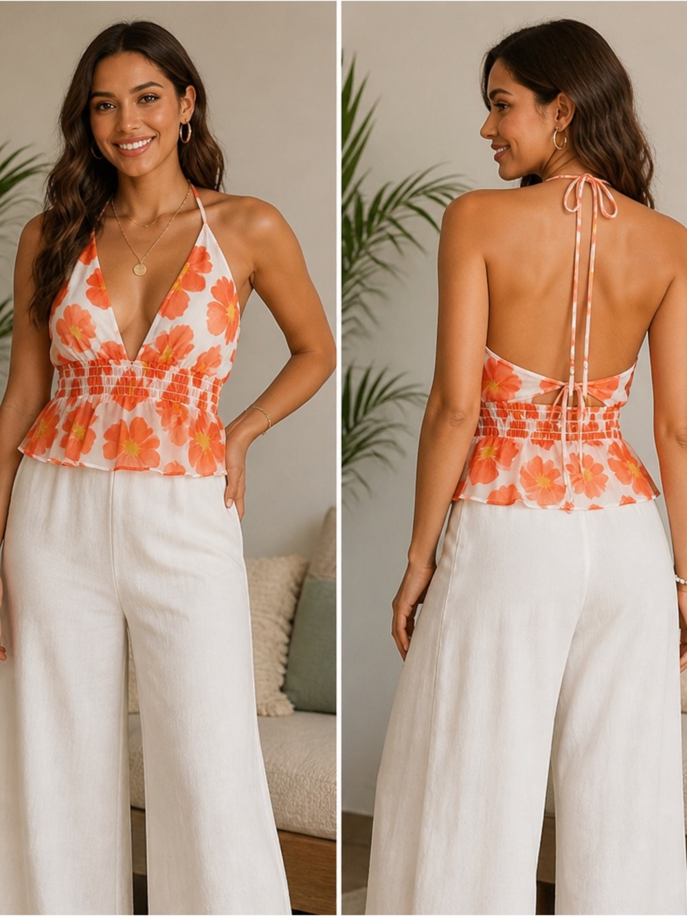 🌺 SHEIN Floral Halter Top | Sheer Peplum Blouse | Size M 🌺